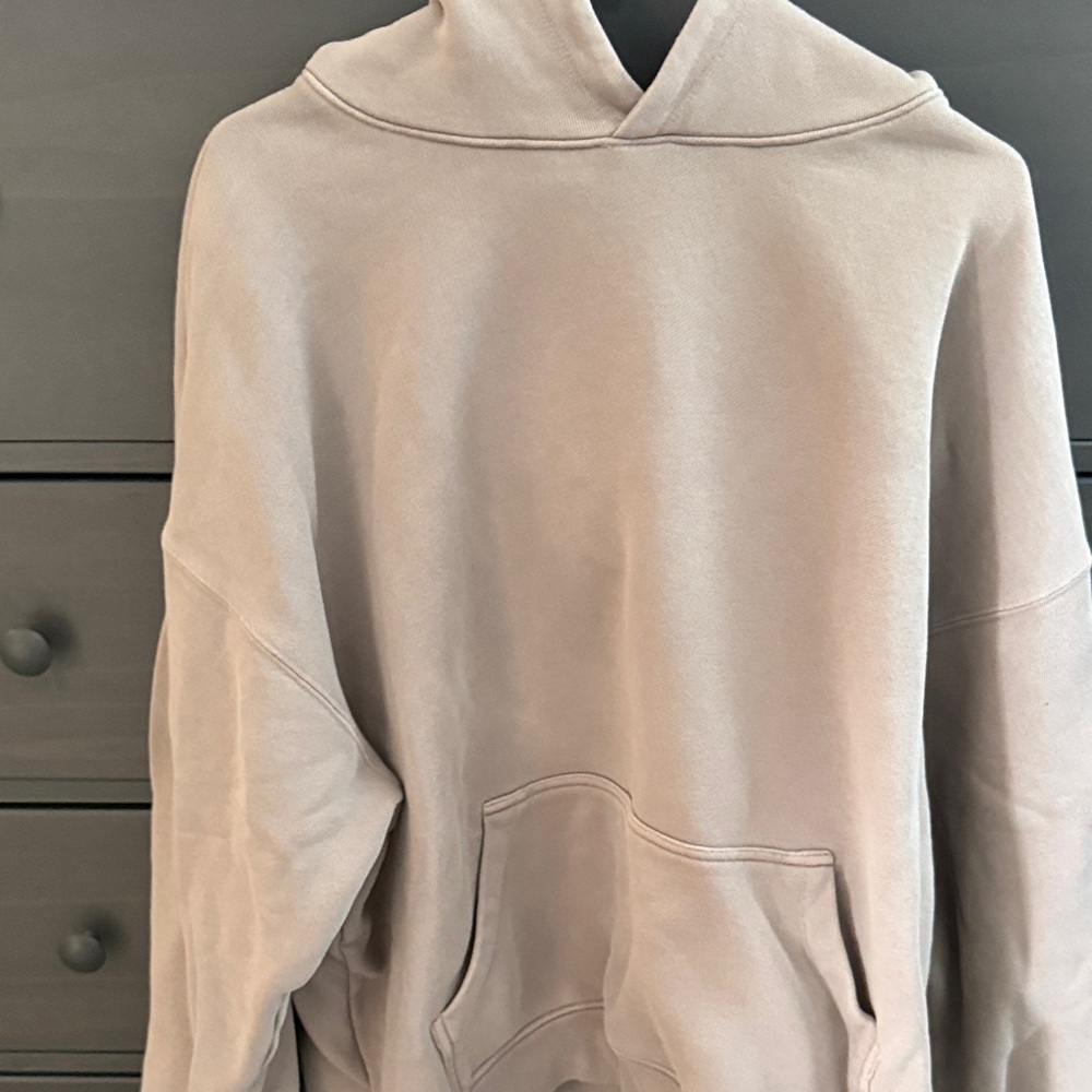 Tan Cozy Sweater with Hood and Ribbed Cuffs